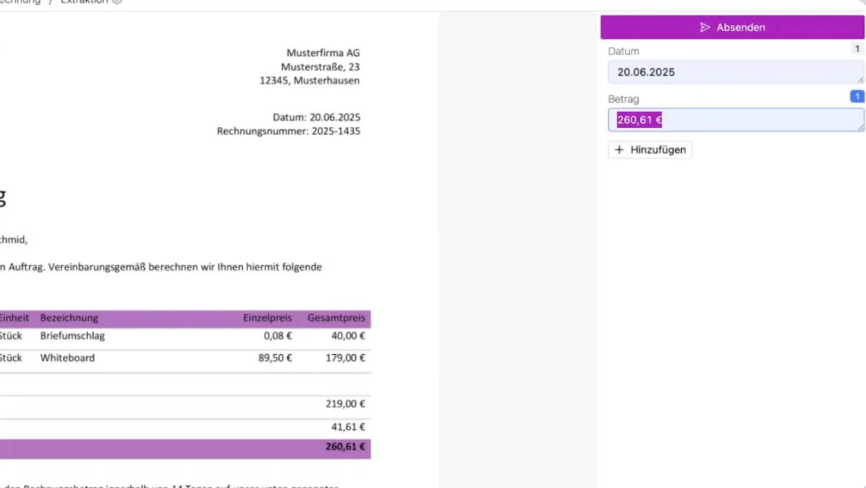 Animation: documents are dropped in and processed; the configured fields invoice number, date and IBAN are filled, checked and ready for export.