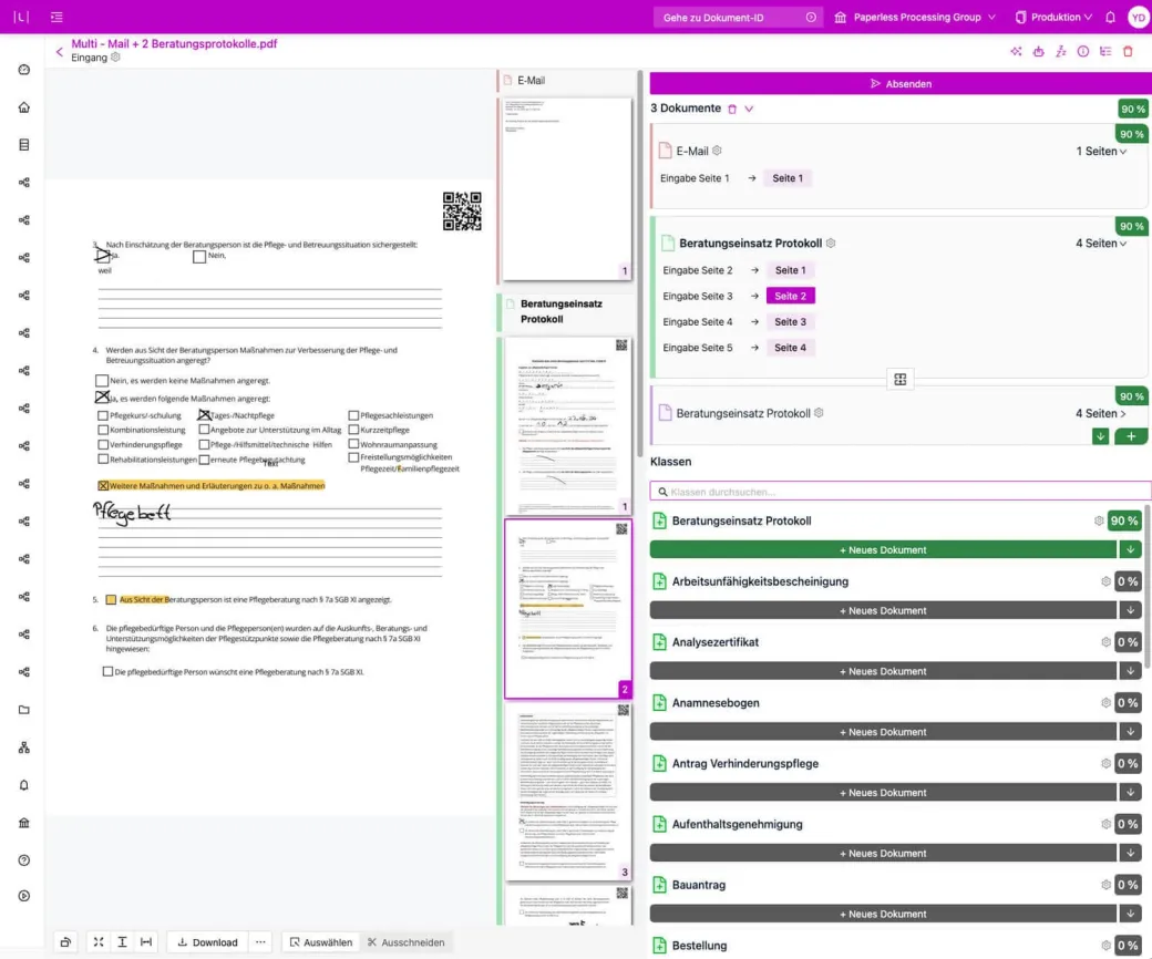 Animation: Lector reads a six-page letter, splits it into three documents and classifies them — invoice, cover letter, form, each with a confidence score.