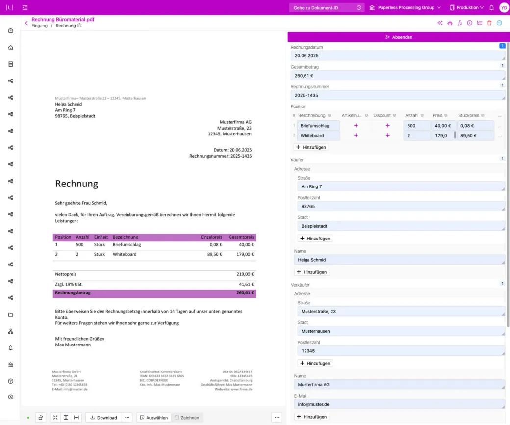 Animation: Lector extracts invoice number, date and IBAN from an invoice into a structured record; the IBAN is validated against its check digit and marked as verified.